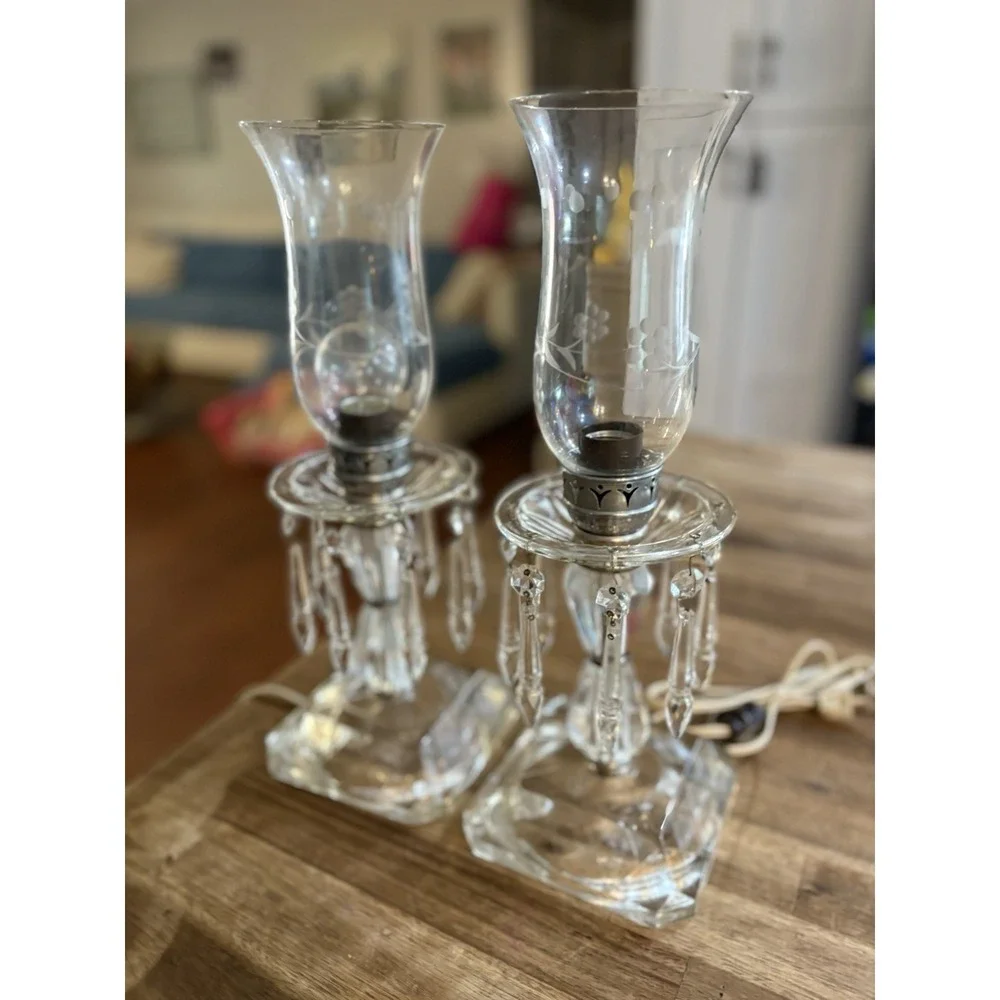 VTG Crystal Hurricane Buffet Lamps Mantle Etched Globes Prisms 15